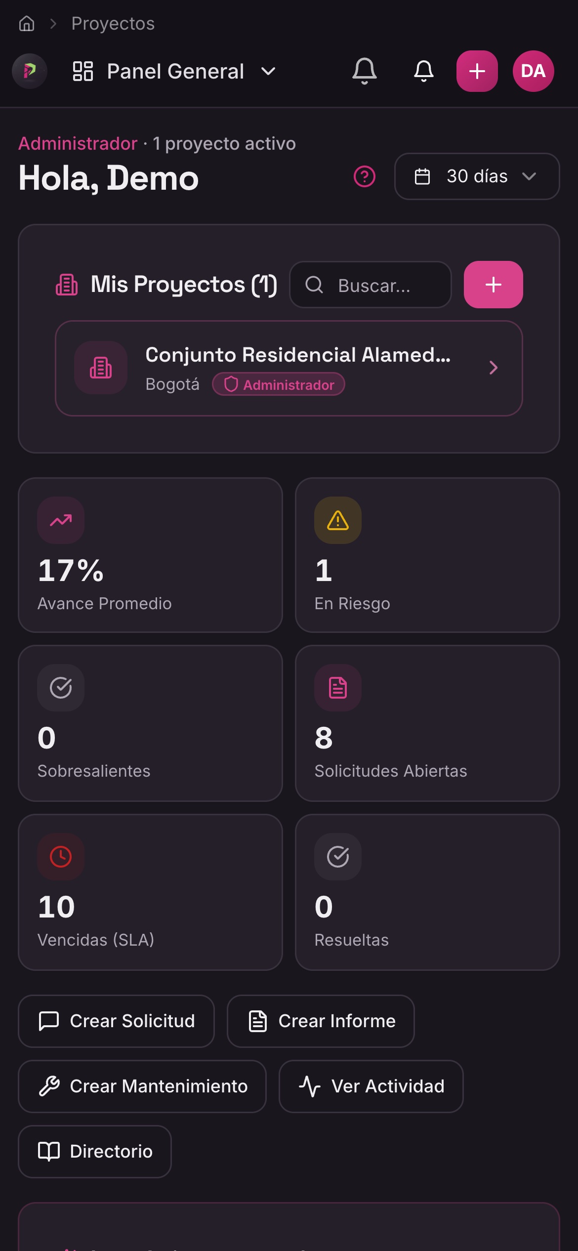 Panel general de ProYi con avance promedio, proyectos en riesgo y solicitudes abiertas y vencidas.