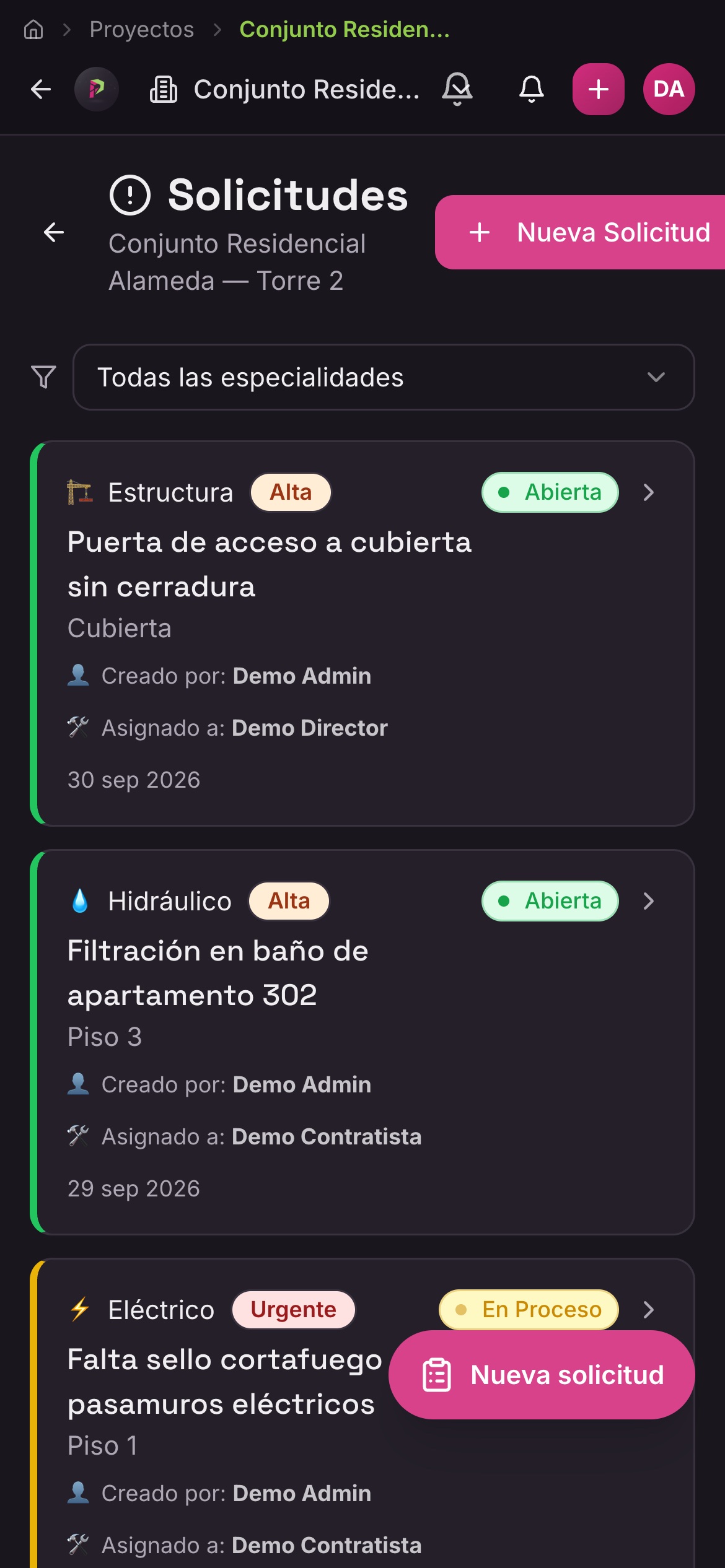 Lista de solicitudes de un proyecto en ProYi, con área, prioridad, estado y responsable de cada una.